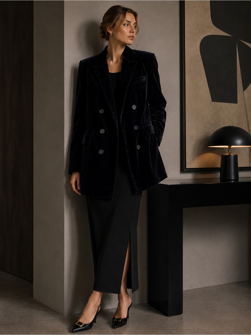 ZARA Black Velvet Double Breasted Blazer Tuxedo Evening Jacket